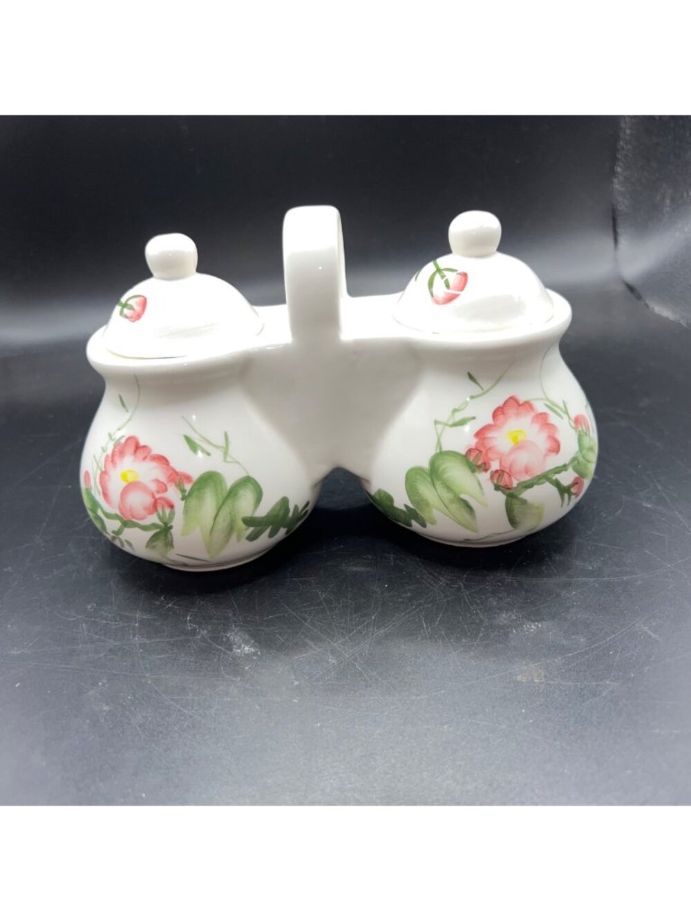 Hand-Painted Floral Double Condiment Jar Floral Design Lids Vintage Grannycore